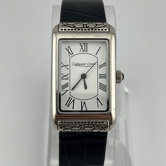 Coldwater Creek Tank Watch Women 24mm Silver Case Black Leather Band New Battery - Picture 1 of 9